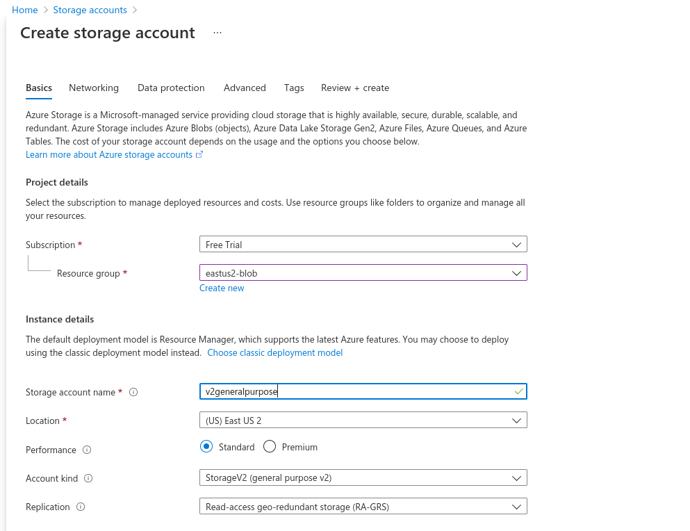 Creating Storage Account V2
